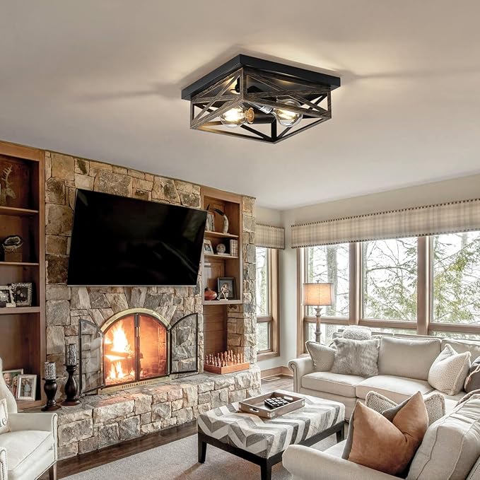 2Pack Rustic Flush Mount Ceiling Light Fixture, Modern Farmhouse Light Fixture, Kitchen Hallway Light Fixtures for Bedroom,Dining Room Entryway,Industrial Metal Cage Ceiling Light