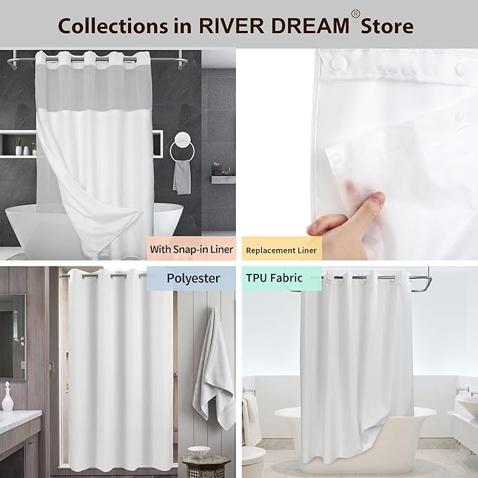 No Hook Slub Textured Shower Curtain with Snap-in PEVA Liner Set - 71" x 74"(72"), Hotel Style with See Through Top Window, Fabric Outer Curtain & Waterproof Inner Liner, White, 71x74