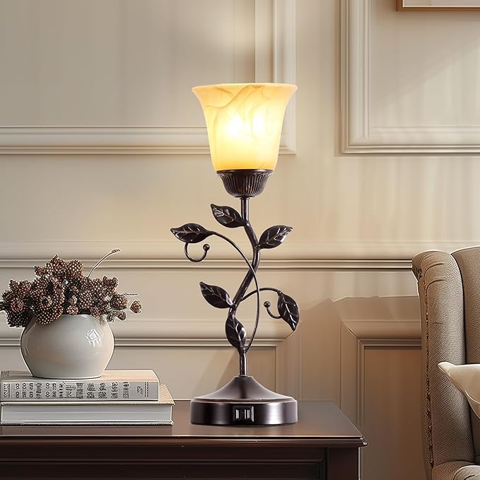 RORIANO Set of 2 Touch Vintage Table Lamps with 2 USB Ports, 3-Way Dimmable Nightstand Flower Lamps, Amber Glass Shade Rustic Leaf Lamp for Living Room Bedroom, LED Bulb Included (Bronze)