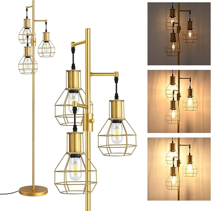 EDISHINE Industrial Dimmable Floor Lamp Gold, Farmhouse Standing Lamp for Living Room with 3 LED Edison Bulbs, Modern Tall Standing Corner Lamp with Metal Diamond Cage for Bedroom, Office