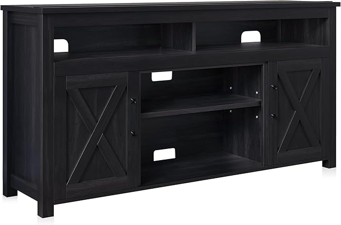 BELLEZE 58 Inch TV Stand, Contemporary Entertainment Center for TVs up to 65", Wood Media Console Table with Two Open Shelves and Barn Door Cabinets - Corin (Rustic Grey)