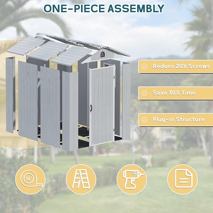 Greesum 4×6FT Plastic Outdoor Storage Shed with Floor, Resin Storaged Sheds with Lockable Door, Window & Vent, All-Weather Tool Sheds for Garden, Backyard, Patio, Light Gray (One-Piece Panel)