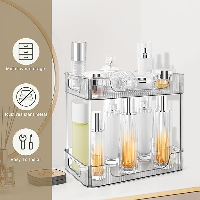 2-Tier Bathroom Counter Organizer Countertop Storage, Dresser Organizer Vanity Tray for Makeup, Perfume Organizer Cosmetics Skincare Shelf - Grey