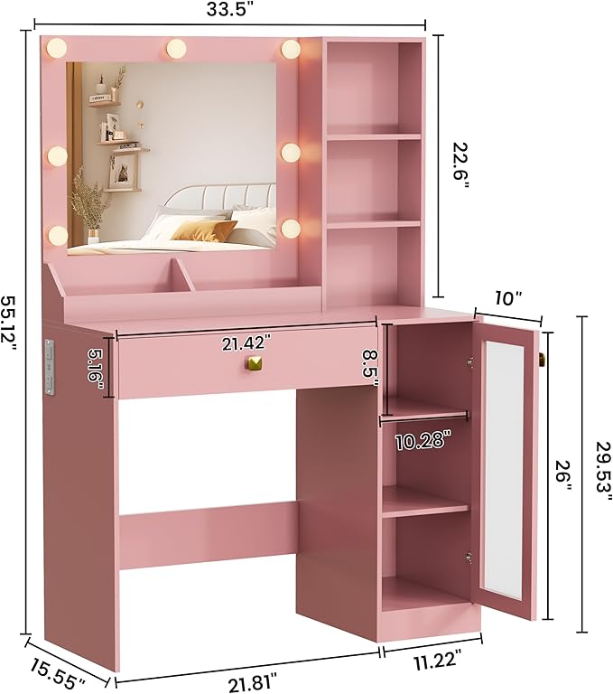 Makeup Vanity with Mirror and Lights, 34'' Wide Dressing Table with Charging Station & RGB Glass Cabinet, Small Vanity Desk with 3 Color Lighting Modes & Adjustable Brightness, Pink