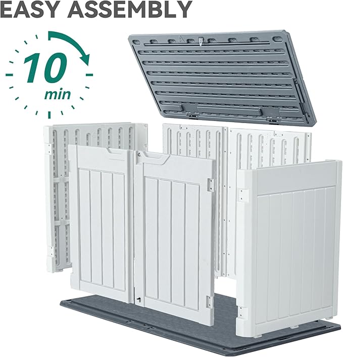 YITAHOME Large Outdoor Horizontal Storage Shed, 47 cu ft Resin Tool Shed w/o Shelf, Outdoor Waterproof Storage with Floor for Trash Cans, Garden Tools, Lawn Mower, Lockable, 4.5x2.8x3.9 ft, Light Gray