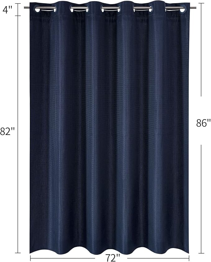 MitoVilla No Hooks Needed Extra Long Shower Curtain Set with Snap-in Liner, Navy Blue 86 inch XL Waffle Fabric Shower Curtains for Luxury Hotel Grade & Spa-Like Bathroom Decor