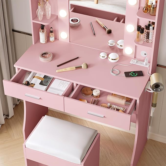 Vabches Vanity Desk with Lights,Makeup Vanity with Power Strip,Dressing Table Set with 2 Large Drawers,Vanity Mirror 3 Lighting Color Adjustable,Pink