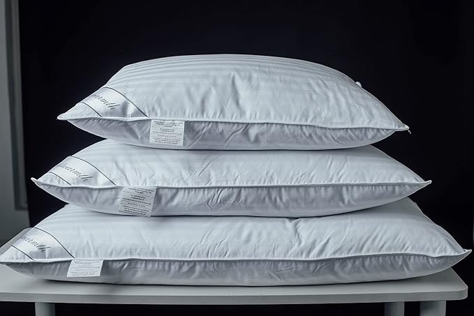 Goose Feather Blend with Polyester Bed Pillows 100% Cotton, Medium Firm Soft Support Queen Pack of 2, Stripe White