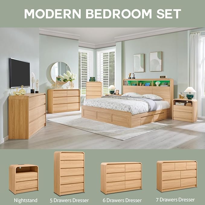 Modern 6 Drawers Dresser for Bedroom, 47" Wide Wood Dressers & Chests of Drawers w/Curved Profile Design, Mid Century Modern Dresser w/Natural Texture for Bedroom, Living Room, Natural Oak