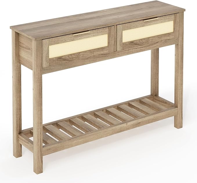 Console Tables with 2 Drawers,Rattan Entryway Table with Storage Shelf,Wood Boho Foyer Tables for Entryway,Farmhouse Console Tables for Living Room,Hallway, Sofa Table,Study Or TV Wall