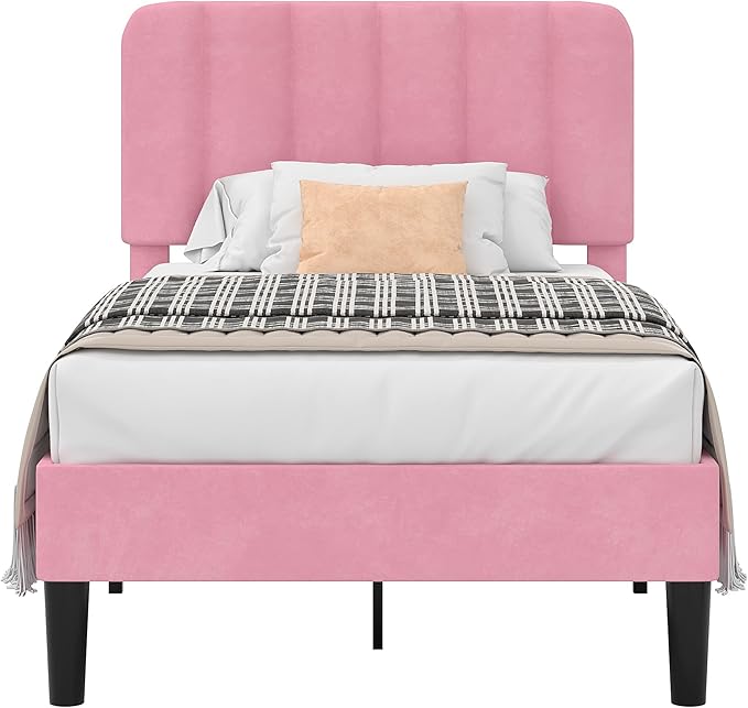 VECELO Twin Size Bed Frame with Upholstered Headboard, Velvet Platform Bedframe Mattress Foundation, Strong Wood Slat Support, No Box Spring Needed,Pink