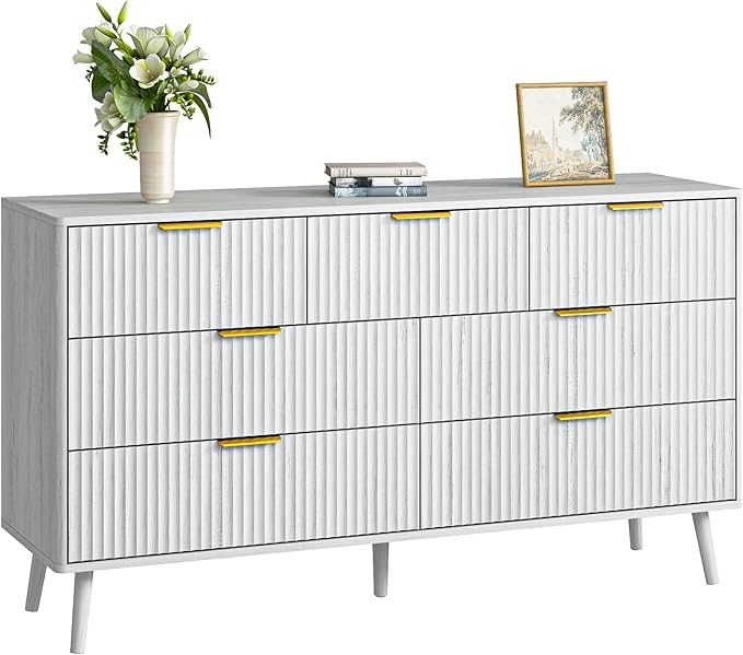 CARPETNAL Fluted 7 Double Drawers White Dresser for Bedroom, 55”Wide Modern Chest of Drawers with Deep Drawers,Wood Drawer Organizer for Bedroom Living Room, Hallway, White