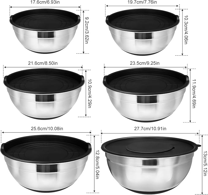 24Pcs Stainless Steel Bowls Set with 6 Airtight Lids & 3 Graters - Premium Non-Slip Base Nesting Mixing Bowls for Food Prep, Serving & Storage
