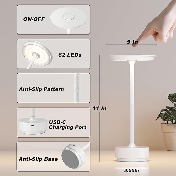 2 Pack Rechargeable Cordless Table Lamps, Portable 5000mAh Outdoor Table Light, 3 Color Stepless Dimming LED Table Lamp with Memory Function, for Home/Dinner/Patio/Restaurant.(White)