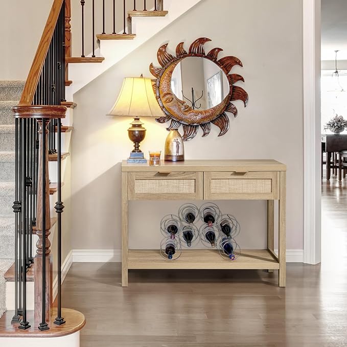 SICOTAS Rattan Console Table for Entryway - Boho Entryway Table with Storage and Drawers, Small Entry Tables for Hallway Behind Couch Table Sofa Table