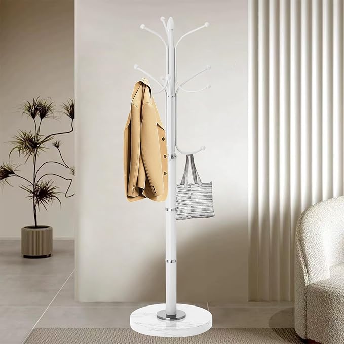 Coat Rack with Natural Marble Base, Metal Modern Coat Racks Freestanding, Coat Rack Stand with 12 Hooks, Coat Tree Hats Hanger Stand for Entryway, Hallway (12 Hooks-White)