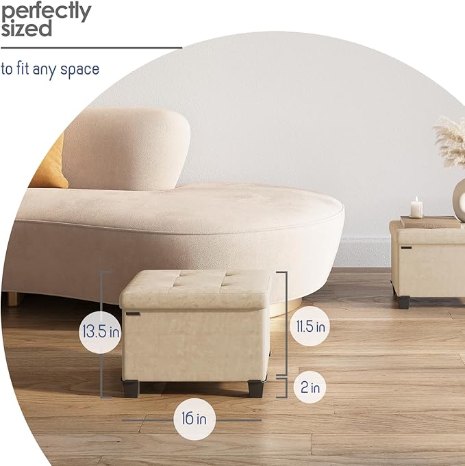 STORAGEBUD Storage Ottoman Cube with Small Bin, 16-in Square Ottoman with Storage for Living Room and Bedroom, Small Ottomans Foot Rest, Velvet Foot Stools Ottomans Max 330lbs, Beige