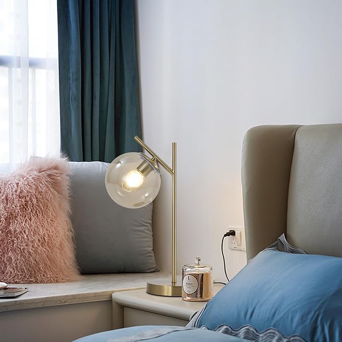 Mid Century Modern Table Lamp Gold Globe Nightstand Lamp with Cognacs Glass lampshade Metal Brass Desk Lamp for Bedroom Living Room Study Room