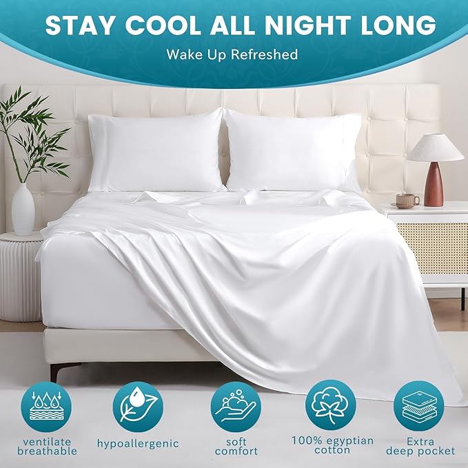 Bedlifes Queen Sheet Set, Extra Deep Pocket 18-24 Inches,1000Thread Count 100% Egyptian Cotton, Soft and Breathable Sateen 4-Piece, White