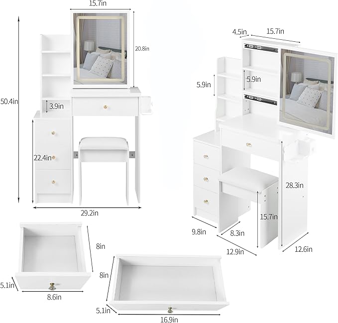 29.2" Small Vanity Desk with Mirror and Lights, Makeup Table with 2 AC+2 USB Power Station, Hair Dryer Bracket, Vanity Set with Drawers and Stool for Small Space Bedroom, White