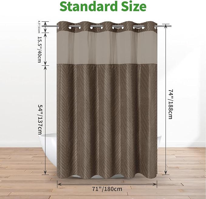 no Hook Shower Curtain and Fabric Liner Set,Thanksgiving Autumn Shower Curtain, Boho Tufted Striped Style with See Through Top Window, Brown, 71Wx74H