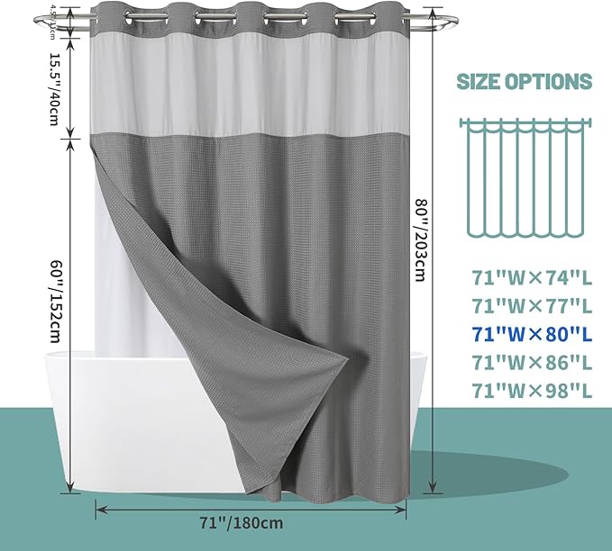 Grey Long No Hook Waffle Weave Shower Curtain with snap-in Liner Replacement, 230GSM Waterproof Fabric Hotel Shower Curtain Set for Bathroom, Through Mesh Top Window,71Wx80H