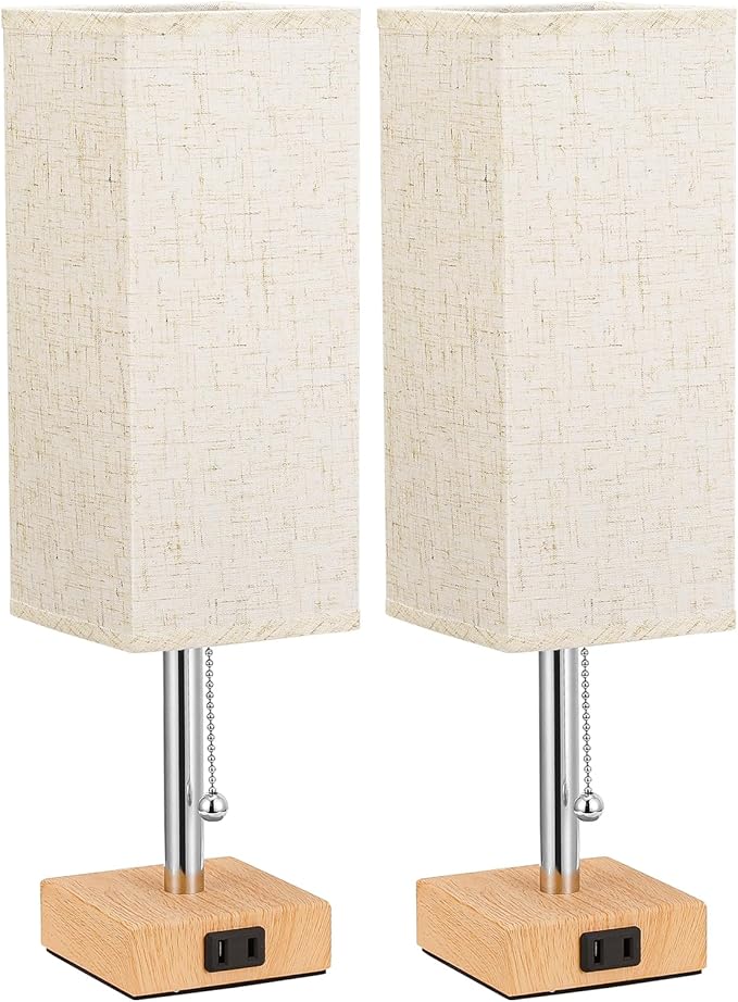 Table Lamp for Bedroom Set of 2 Nightstand - 3 Color Bedside Lamps with AC Outlets for Charging, Square Wooden Night Stand Light Lamp for Living Room, Office Desk