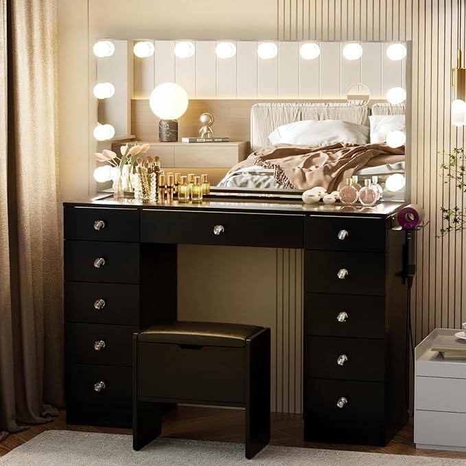 VOWNER Vanity with Lighted Mirror - Glass Top Makeup Vanity Desk with Lights and 11 Drawers, 3 Color Lighting Modes Adjustable Brightness, 46" Makeup Desk with Soft Cushioned Stool for Bedroom, Black