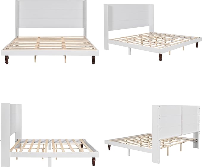 GDFStudio Tall Headboard King Size Bed,Platform Bed Frame with High Back,Wooden Slat Mattress Support No Box Spring Needed Easy Assembly Minimalist Designs 54" H White