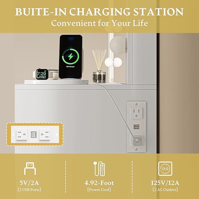 Vanity Desk with Large 42" Mirror and Lights, White Fluted Makeup Table Set with Storage Drawers, Power Outlet & Stool, 3 Lighting Modes & Adjustable Brightness, Dressing Table for Women Girls Bedroom