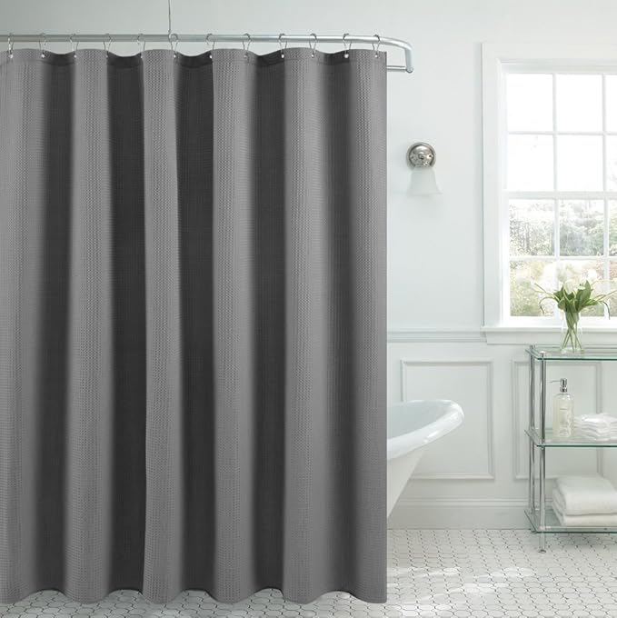 Barossa Design Long Fabric Waffle Weave Shower Curtain 75 inch Height, Hotel Luxury Spa, 230 GSM Heavy Duty, Water Repellent, Machine Washable, Gray Pique Pattern, 71x75