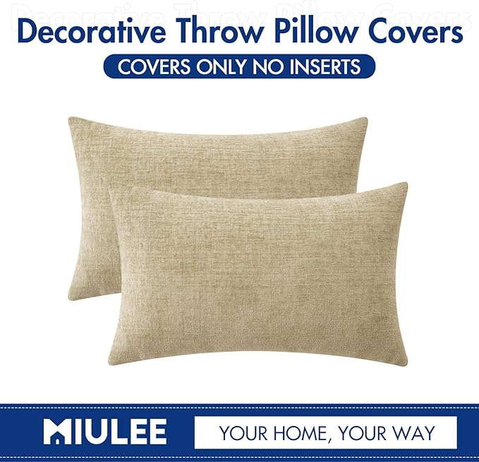 MIULEE Pack of 2 Beige Throw Pillow Covers 12x20 Inch Soft Pillow Covers for Sofa Living Room Couch Solid Dyed Cases