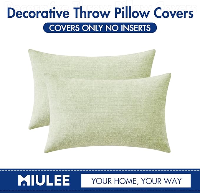 MIULEE Pack of 2 Spring Light Green Couch Throw Pillow Covers 12x20 Inch Soft Chenille Pillow Covers for Sofa Living Room Solid Dyed Pillow Cases