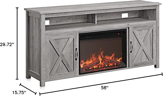 BELLEZE Barn Door Wood Electric Fireplace TV Stand for TVs up to 65 Inches Open Shelves and Cabinets Media Entertainment Center Console Table - Corin (Gray Wash)