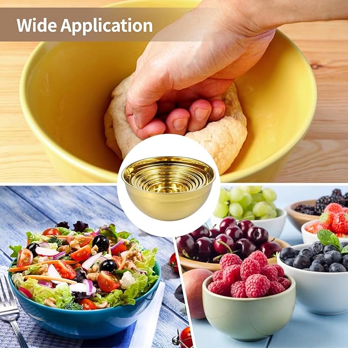 7 PCS Golden Mixing Bowls with Lids Set - Stainless Steel Salad Bowls with Airtight Lids, Mirror Finish Nested Mixing Bowl, 7 Sizes from 1.5 qt to 6.9 qt for Baking, Meal Prep, Food Serving