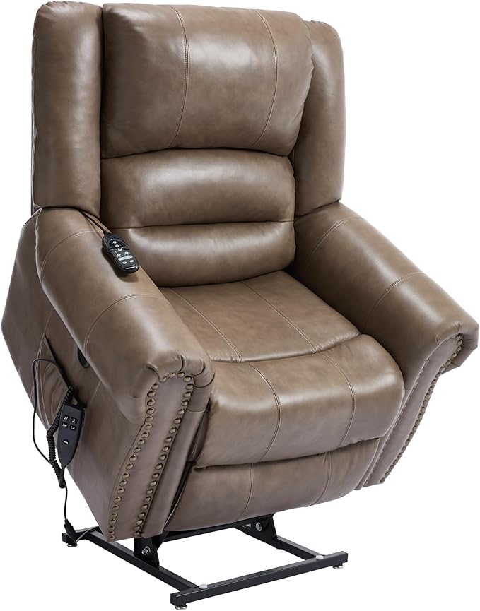 Dual Motor Power Lift Chair, Lay Flat Recliner Chair, Electric Recliner with Massage and Heat for Elderly, Remote Control, Infinite Position, Standing Assistance, USB Ports (Khaki, Genuine Leather)