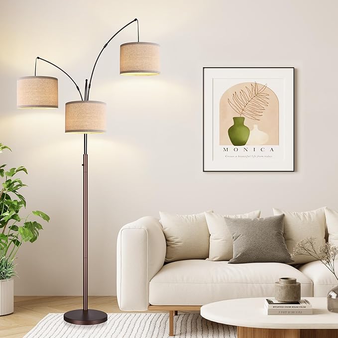 Dimmable Floor Lamp, 3 Lights Brown Arc Floor Lamps for Living Room, Modern Tall Standing Tree Lamp with Beige Linen Shade & Heavy Base, Large Floor Lamp for Bedroom Office, 3x1000 LM Bulbs Included