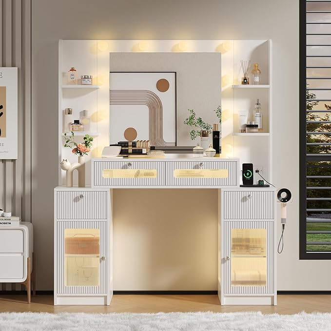 Vanity Desk with Mirror and Lights 3 Colors, 47" Glass Top Fluted Makeup Vanity Desk with Lights & Power Outlet for Bedroom, Dressing Table with 4 Lighted Drawers and 2 storage cabinets, White