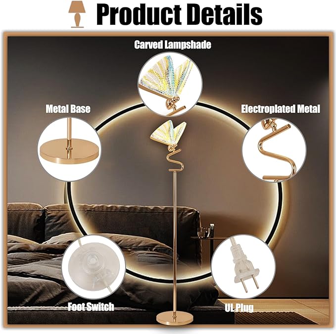 O'NEELDY Floor Lamps for Living Room LED Gold Floor Lamp 65" Tall Modern Floor Lamp with Butterfly Decoration Design,Suitable for Reading,Bedrooms,Offices and Corners
