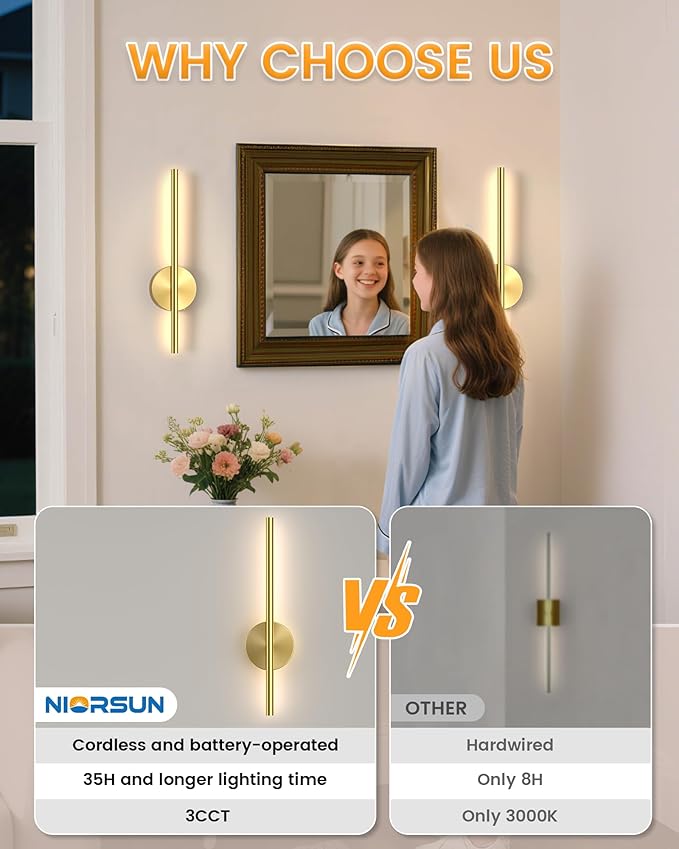 NIORSUN 15.7 Inch Battery Operated Wall Sconce Set of 2, Gold Minimalism Rechargeable Wall Lights with Remote, 3CCT Dimmable Wireless Wall Lamp for Living Room Bedroom Hallway