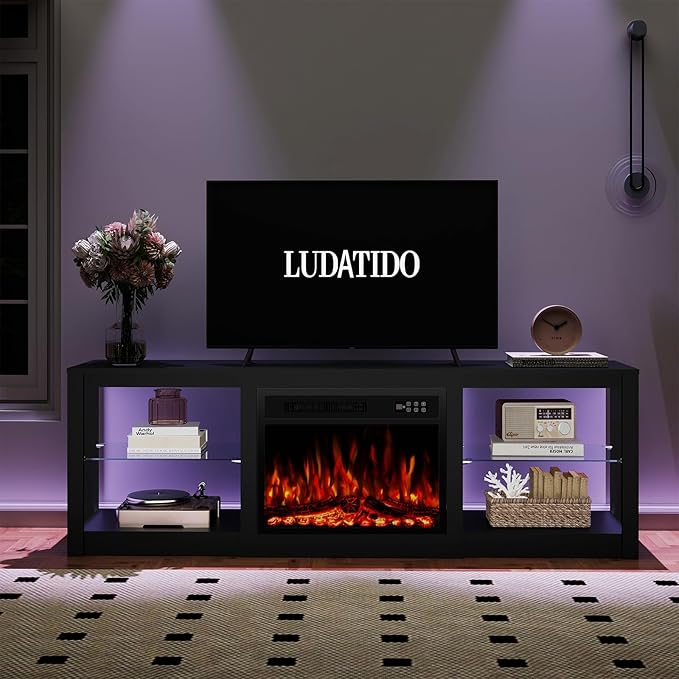 Ludatido 70 Inch Fireplace TV Stand with 23" Fireplace Insert, Entertainment Center with 14-Color LED Lights, Open Storage, Adjustable Glass Shelves, Black TV Stand for Living Room Fits up to 80" TVs