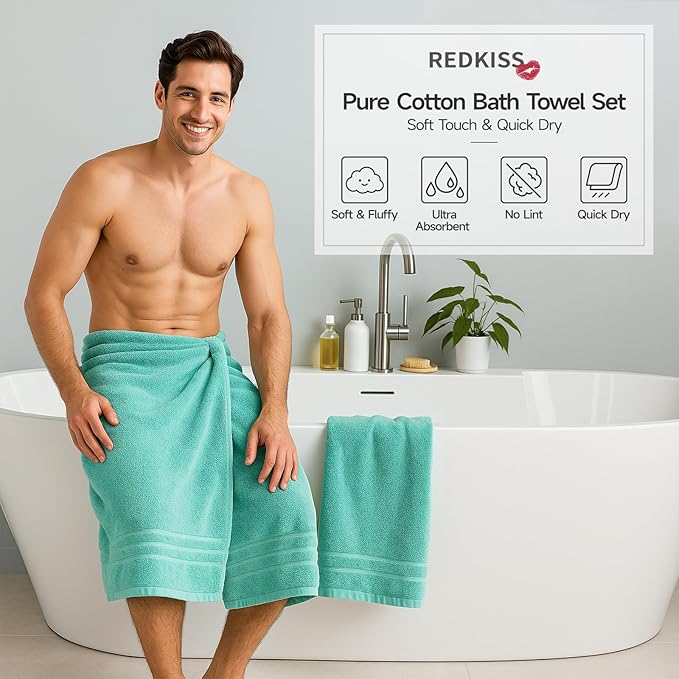 REDKISS 6 Piece Luxury Bath Towel Set - 100% Cotton Towels for Bathroom, 600 GSM Premium Turquoise Towels of 6, Includes 2 Large Bath Sheets, 2 Hand Towel, 2 Washcloths, Highly Absorbent