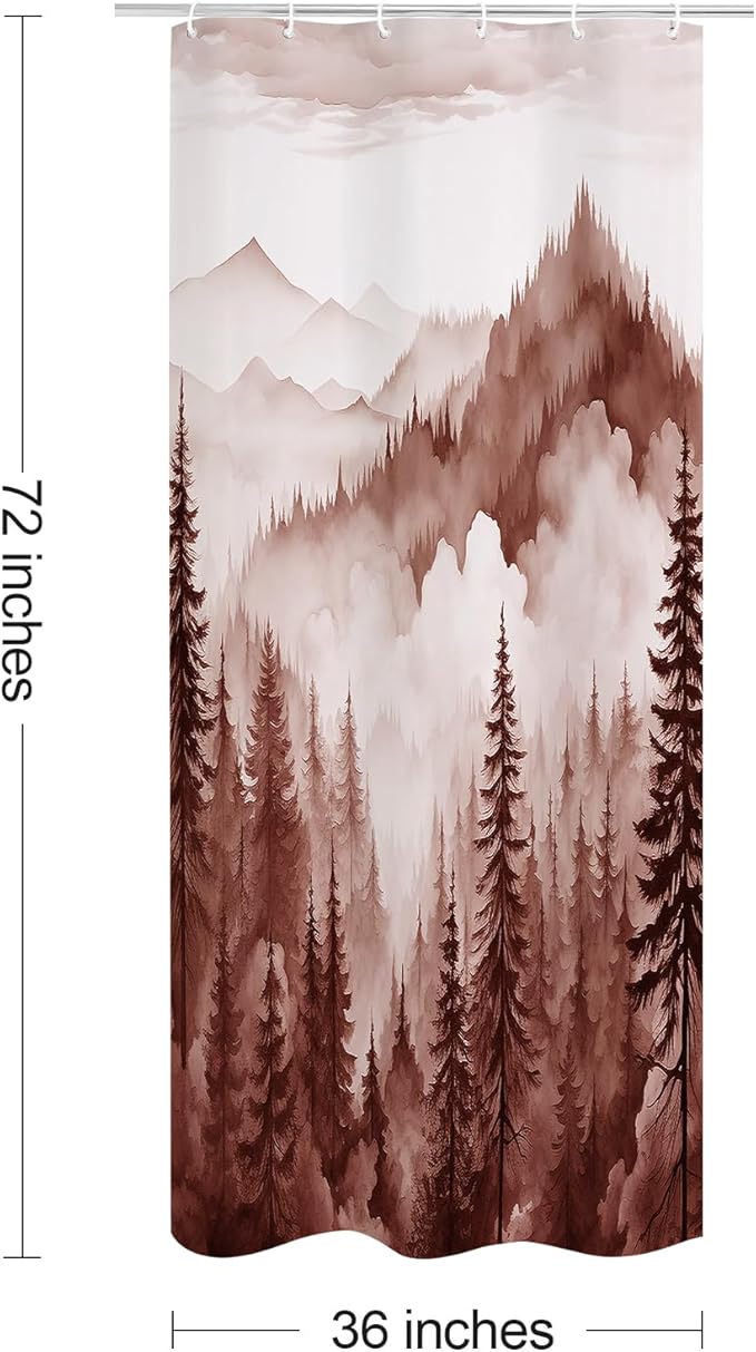 Burgundy Small Stall Misty Pine Forest Shower Curtain 36 x 72, Mountain Foggy Woodland Scenery Tree Narrow Half Size Shower Curtains for Bathroom, Abstract Waterproof Nature-Themed Decor