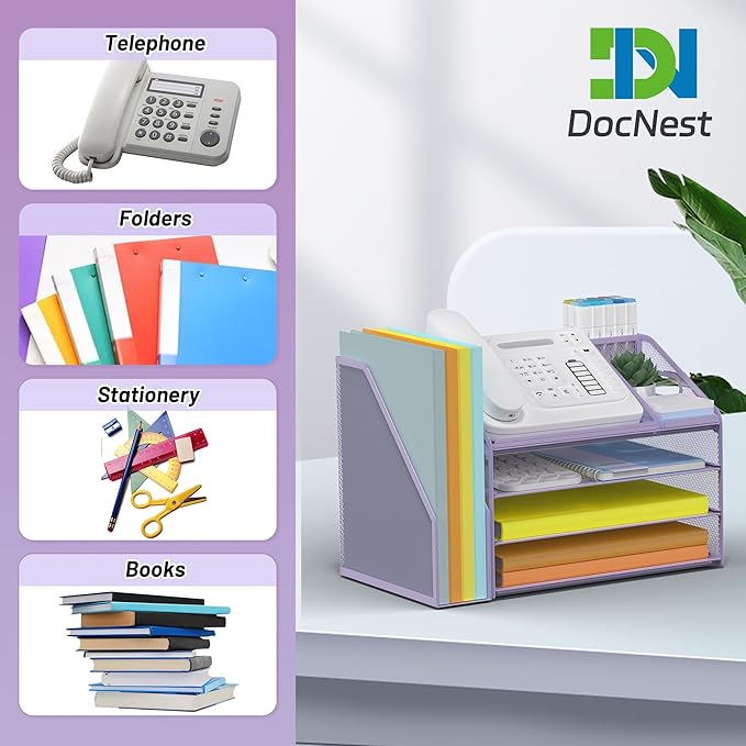 DocNest 4 Tier Paper Letter Tray File Organizer, Mesh Desk File with Handle, Workspace Desk Organizers with Pen Holder, Office Organization Storage Accessories - Purple