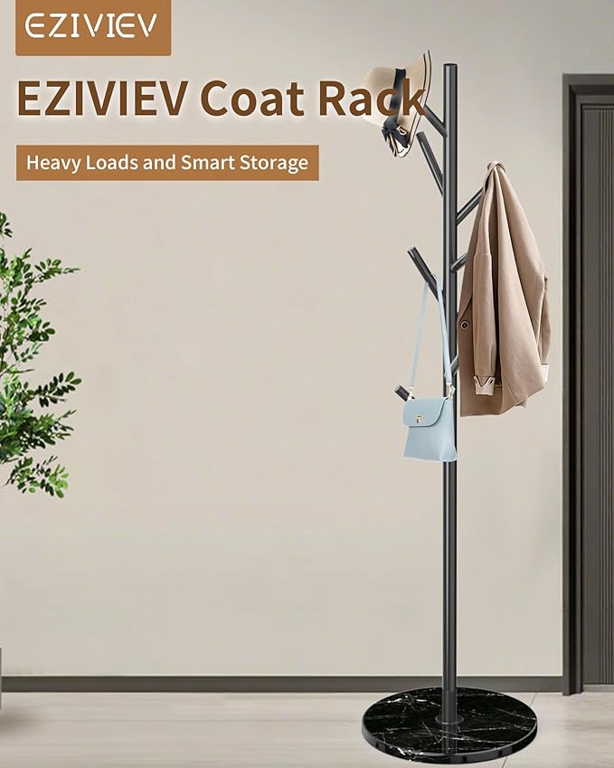EZIVIEZ Modern Coat Rack Stand, Metal Freestanding Coat Rack with Natural Marble Base, Black Coat Racks with 8 Hooks and Coat Hanger Tree Jacket Stand for Office, Entryway, Hallway