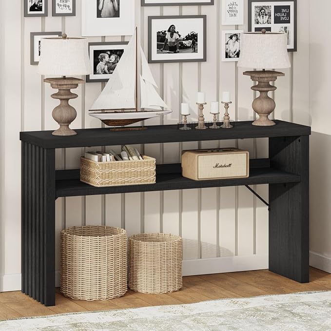 BON AUGURE Console Table with Storage, Black Entryway Table, Wooden Couch Tables Behind Sofa for Living Room, 2 Tier Front Door Entrance Tables (Black Oak, 47 Inches)