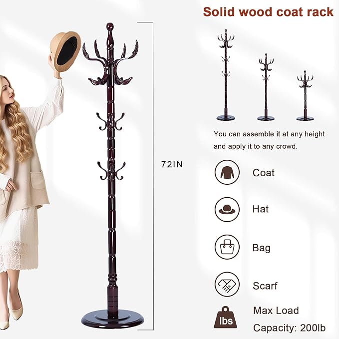 Coat Racks Freestanding, Natural Wood Coat Stands with 14 Hooks, 73" Heavy Duty Adjustable Height Vintage Hall Tree for Entryway, Bedroom, Office, Easy Assembly (Rosewood Fenghuang Gou)