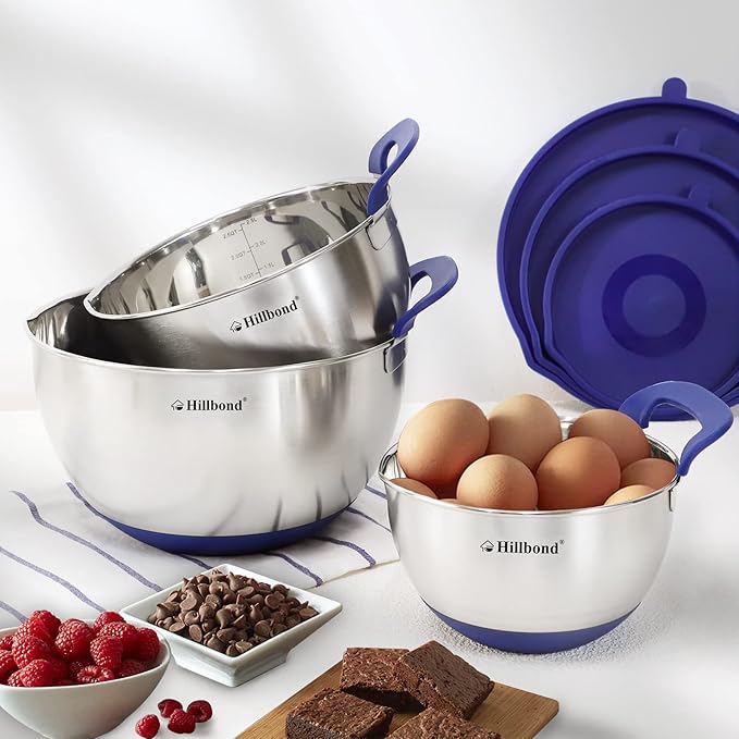 Hillbond Mixing Bowls with BPA Free Airtight Lids Stainless Steel Nesting Bowls with Pour Spout, Silicone Handle Non-Slip Bottoms for Baking, Dishwasher Safe Metal Bowls, 1.5, 3, 5 QT (Blue)