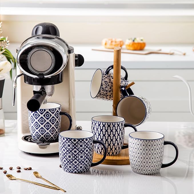 Ceramic Coffee Mugs Set - 10 OZ Large Porcelain Tea Cups with Handle for Milk Cappuccino Latte Cocoa Tea - Microwave Dishwasher Safe - Christmas Housewarming Gift -Set of 6 - Vintage Blue