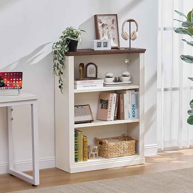 43" White Tall Bookshelf Set of 4,3-Tier Thick Wooden Book Shelf with Adjustable Shelves,Free Standing Farmhouse Bookcase with Open Display Storage,Floor Vintage Bookshelves for Living Room